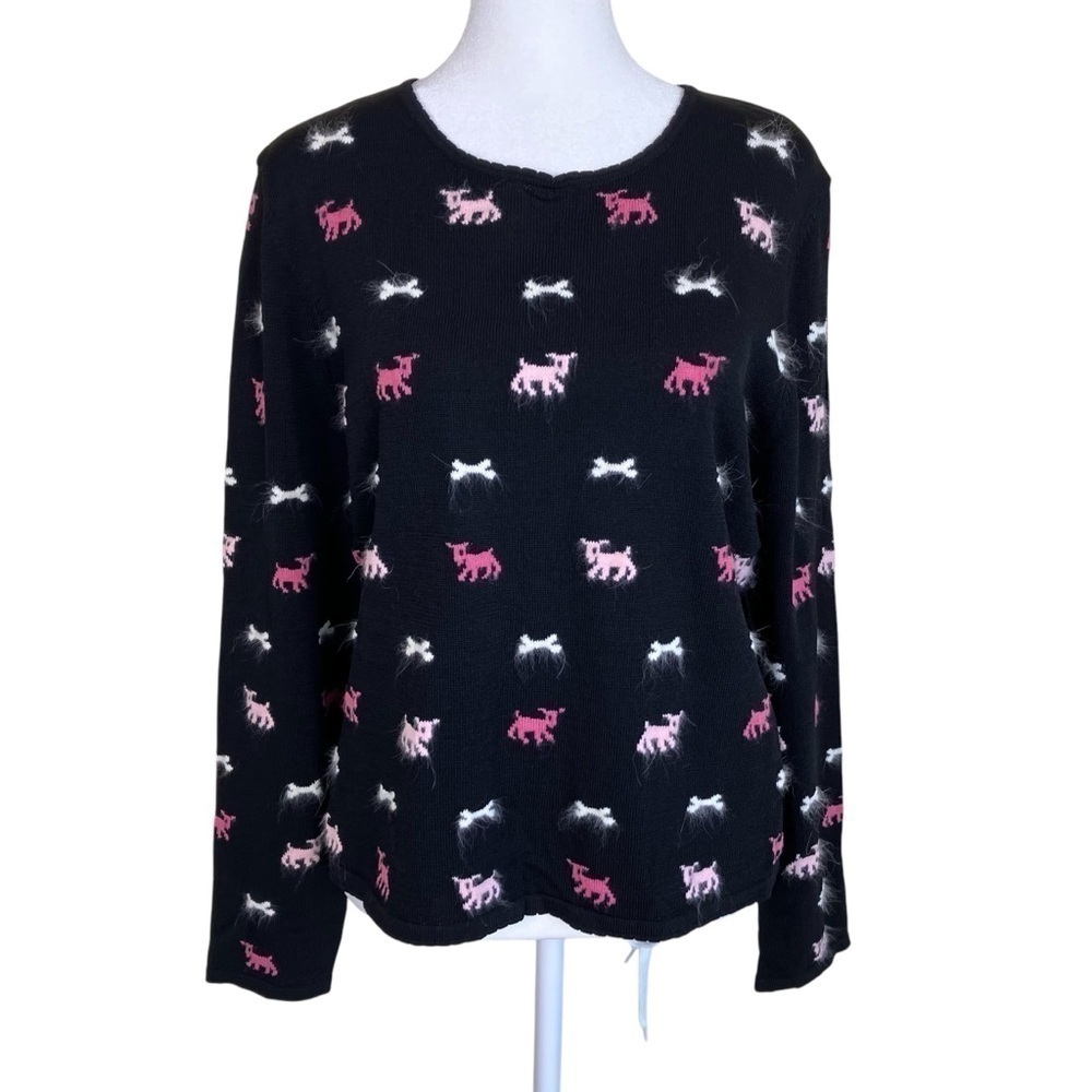 Marisa Christina Vintage Dog & Bone Novelty Print Boho Sweater Black Sz LP NWT